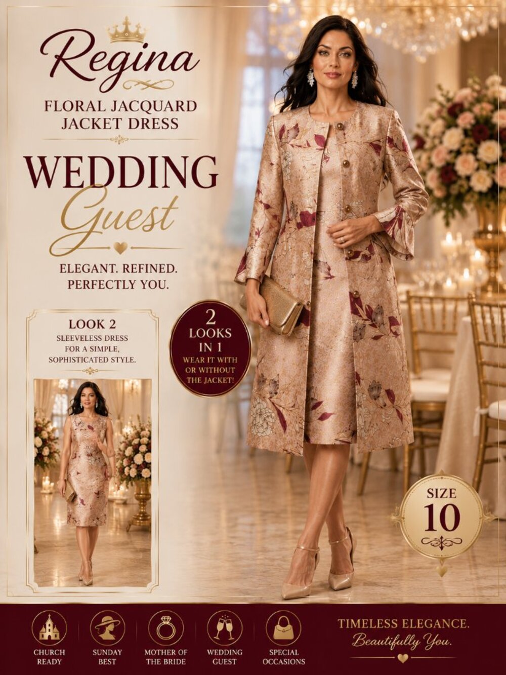 Regina Champagne Floral Jacquard 2Pc Jacket Dress Size 10 Formal Church